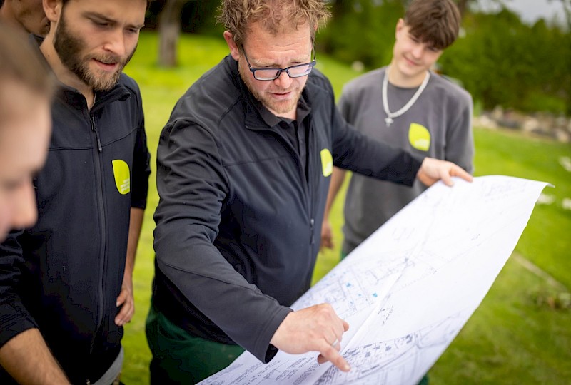 Markus Ramsteiner bespricht mit seinem Team einen Gartenplan im Freien
